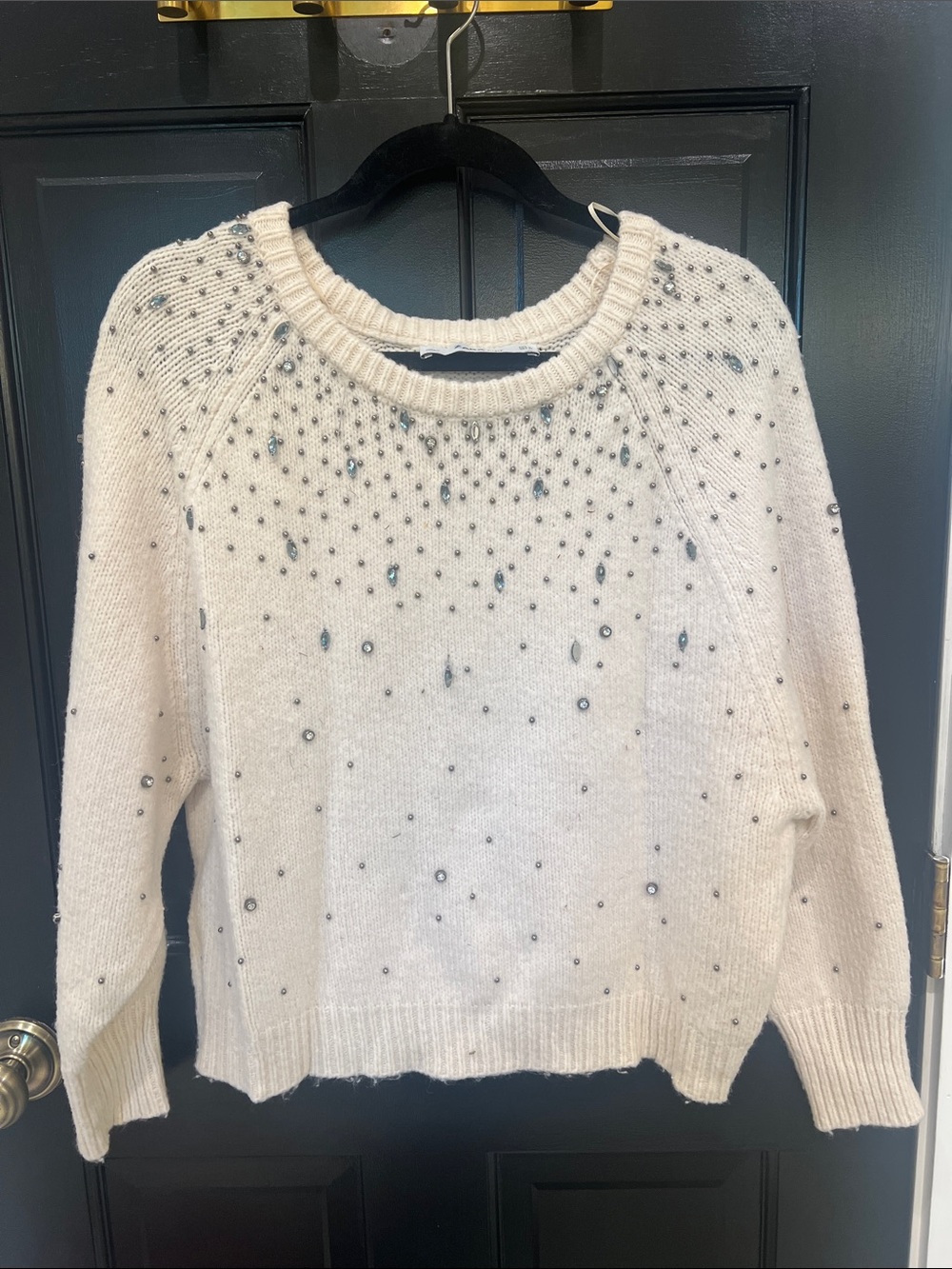 Zara Cream Crewneck Sweater with Scattered Bead Embellishments